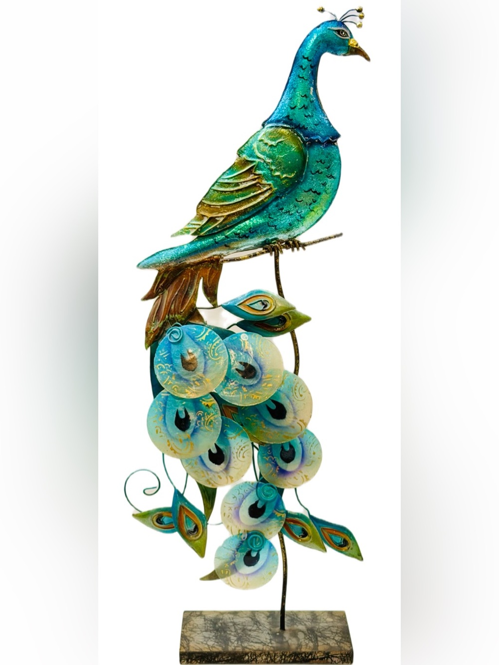 Philippines Metal & Capiz Shell Peacock Sculpture 21.5”